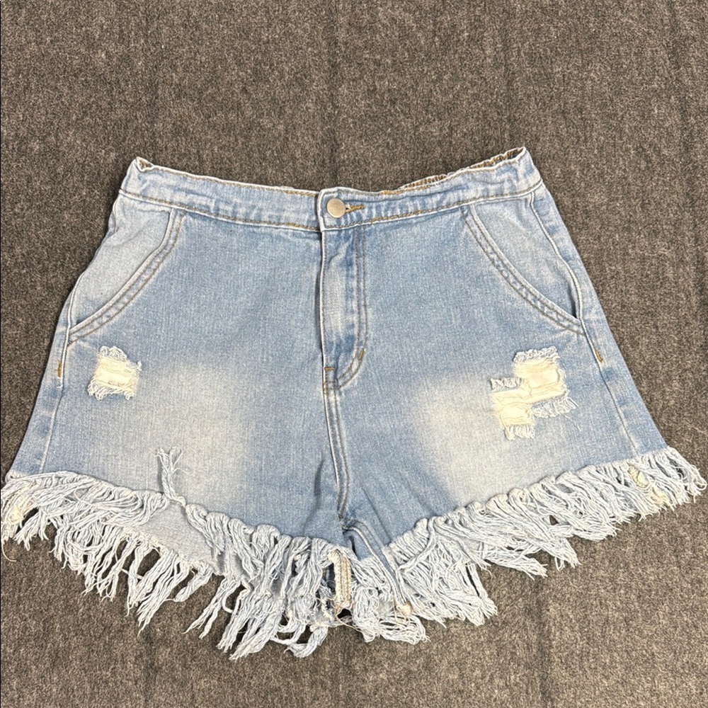 Hayden Blue Jean Shorts with Distressed Frayed Hem